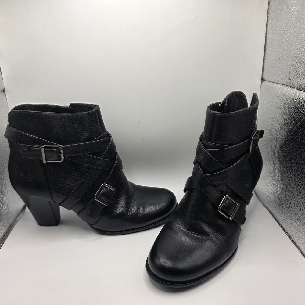 Nurture Womens Black Leather Strappy Buckle Ankle Boots Block Heel Size 8.5M